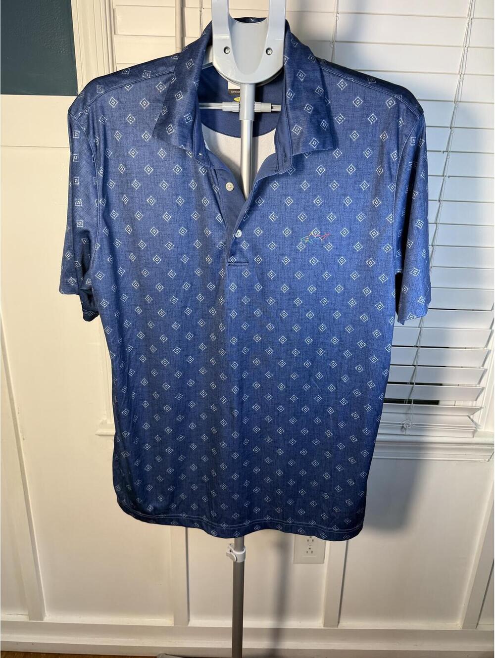 Greg Norman PlayDry Mens Large Polo Shirt Blue Geometric Diamond Print Golf S/S